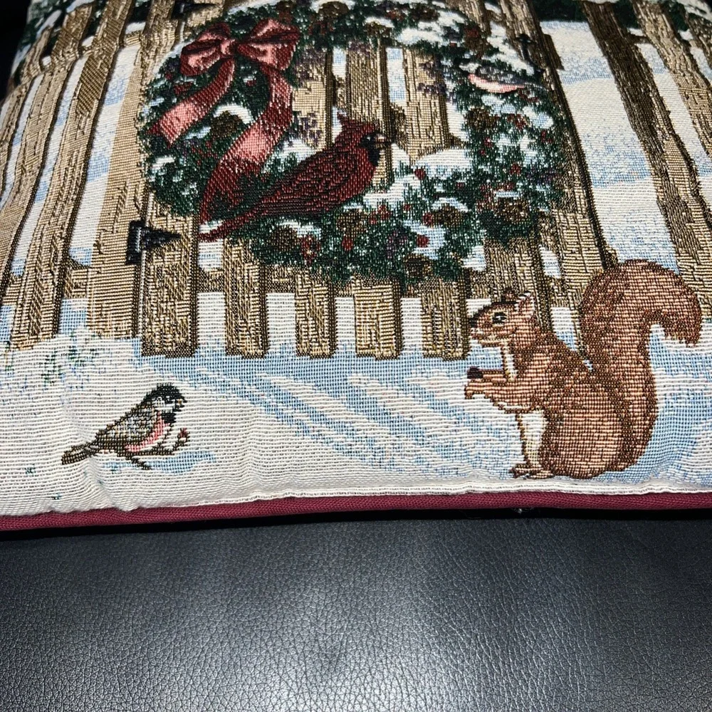 Tapestry Pillow Winter Wreath On Wooden Fence With /Squirrels Holiday Christmas